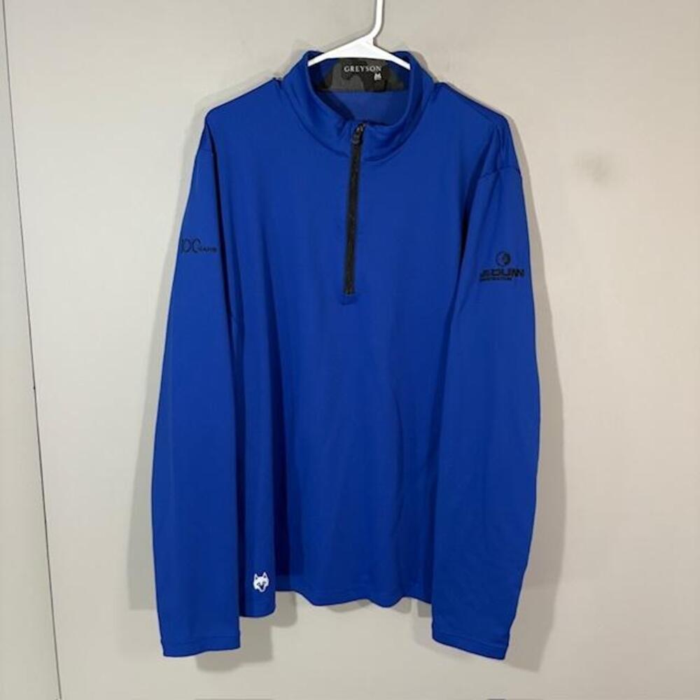 Greyson Pullover Mens XL Blue 1/4 Zip Long Sleeve Golf JE Dunn Logo Stretch